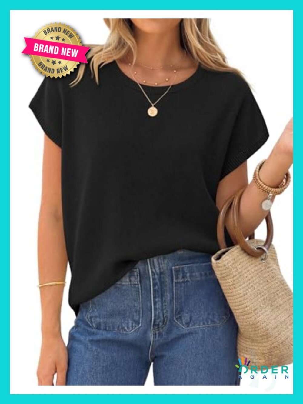 Wool Blend Short Sleeve Sweater Top Cap Sleeve Crew Neck Business Casual